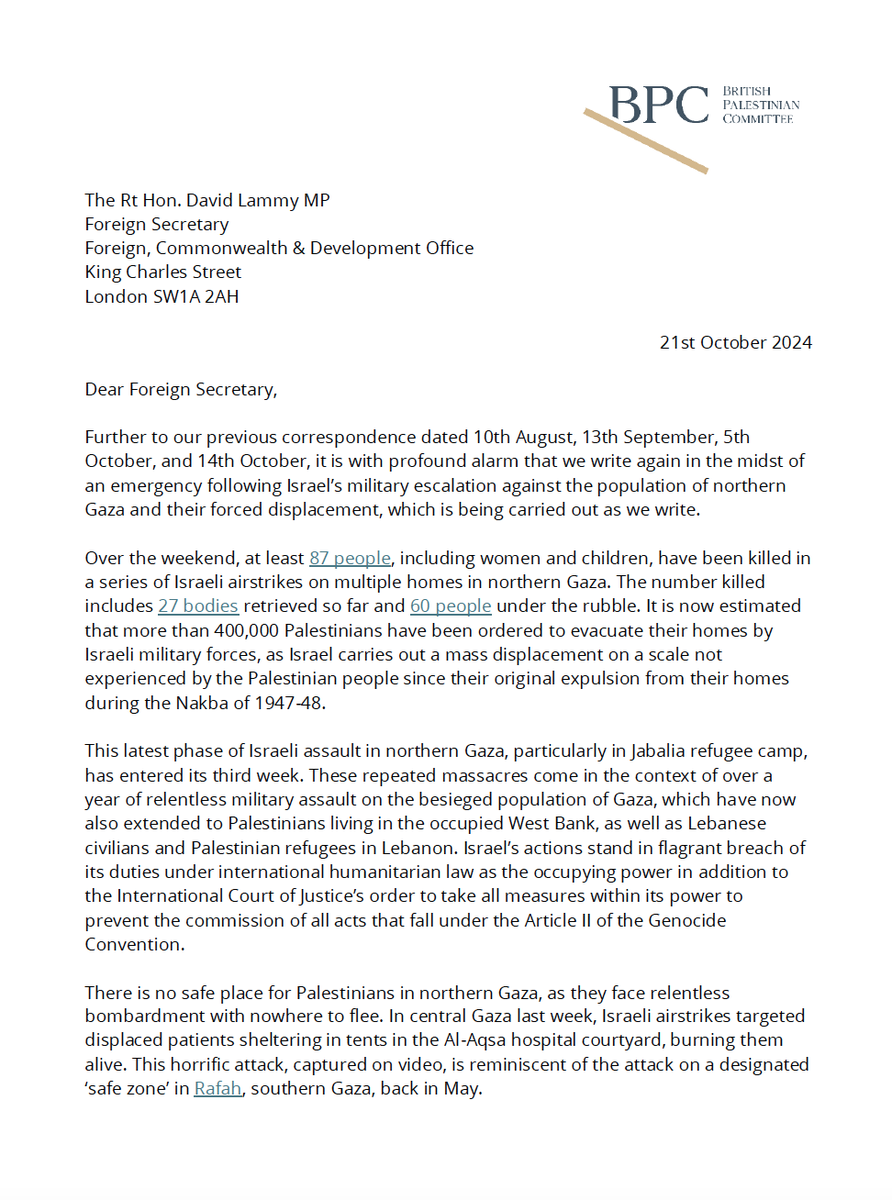 BritPalCommitt's tweet photo. Our letter to the FCDO on Israel's terrifying escalation of violence in northern Gaza. 400,000 people are trapped, massacres are  committed daily.

This is the 5th letter we have sent in recent weeks - we are yet to receive a response or acknowledgement of these horrors. 1/3 https://t.co/VYQWfrb6xu