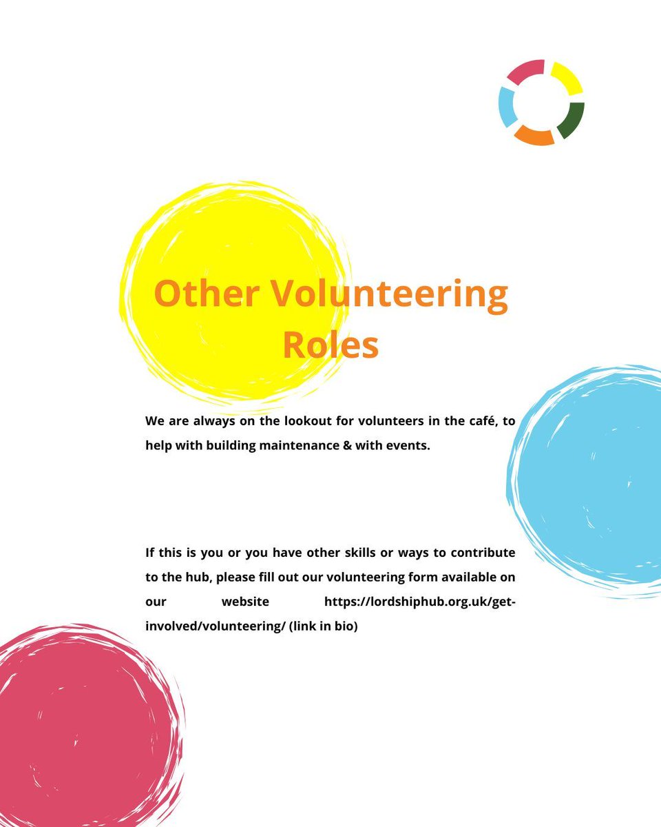Volunteer with us!

We are currently looking for  
- a treasurer 
- a board member for personnel
 to join our board.

We also have lots of other volunteering opportunities at the Hub. For more info, email people@lordshiphub.org.uk or visit lordshiphub.org.uk/get-involved/v…