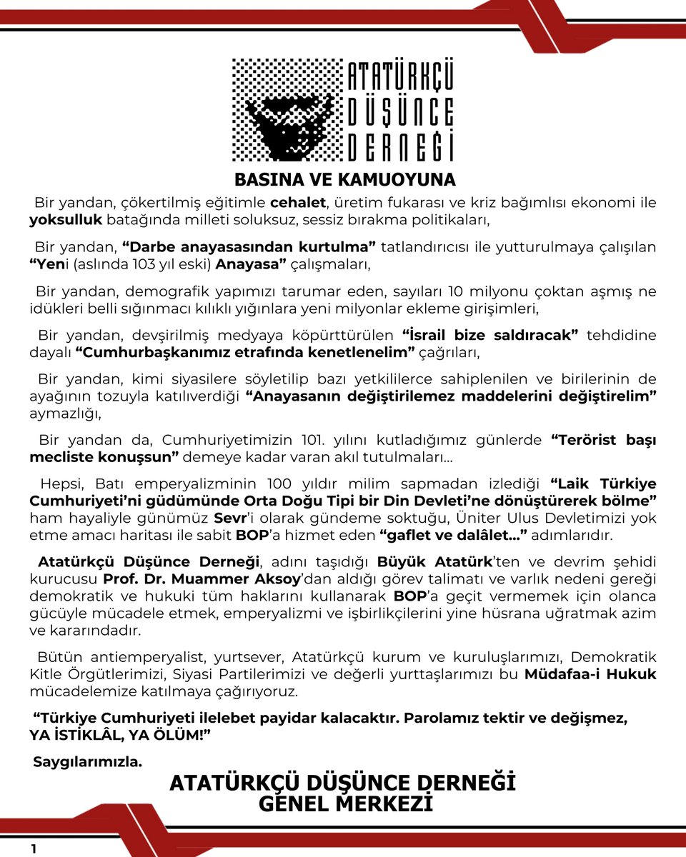 BASINA VE KAMUOYUNA

Bir yandan, çökertilmiş eğitimle cehalet, üretim fukarası ve kriz bağımlısı ekonomi ile yoksulluk batağında milleti soluksuz, sessiz bırakma politikaları,

Bir yandan, “Darbe anayasasından kurtulma” tatlandırıcısı ile yutturulmaya çalışılan “Yeni (aslında 103