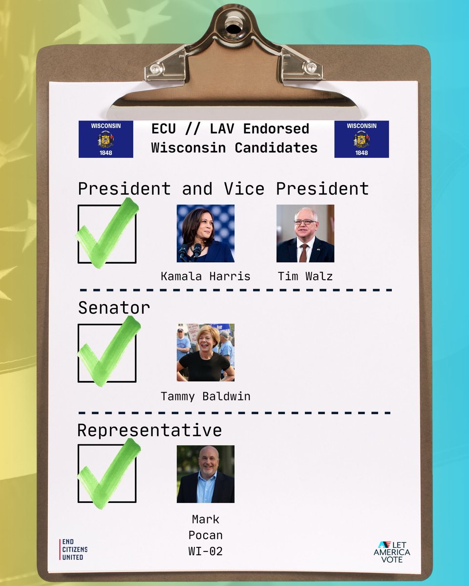 StopBigMoney's tweet image. 🚨 Heads up, Wisconsin, early voting has begun! We’re proud to support our endorsed candidates:

🔵 VP @KamalaHarris and Gov. @Tim_Walz for President and Vice President
🔵 Sen. @tammybaldwin for U.S. Senate, #WISEN
🔵 Rep. @MarkPocan for U.S. House, #WI02