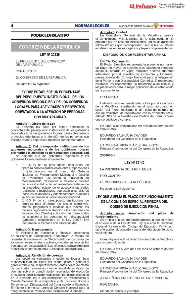 ComIncluSocial's tweet photo. Hoy se publicó en el @DiarioElPeruano la Ley N° 32139 que dispone que los gobiernos regionales y locales inviertan el 1% de su PIA, 0.5% en infraestructura y 0,5% en programas y servicios para las OREDIS y OMAPED. ¡Seguimos trabajando por un Perú inclusivo! https://t.co/JBlr72UilI