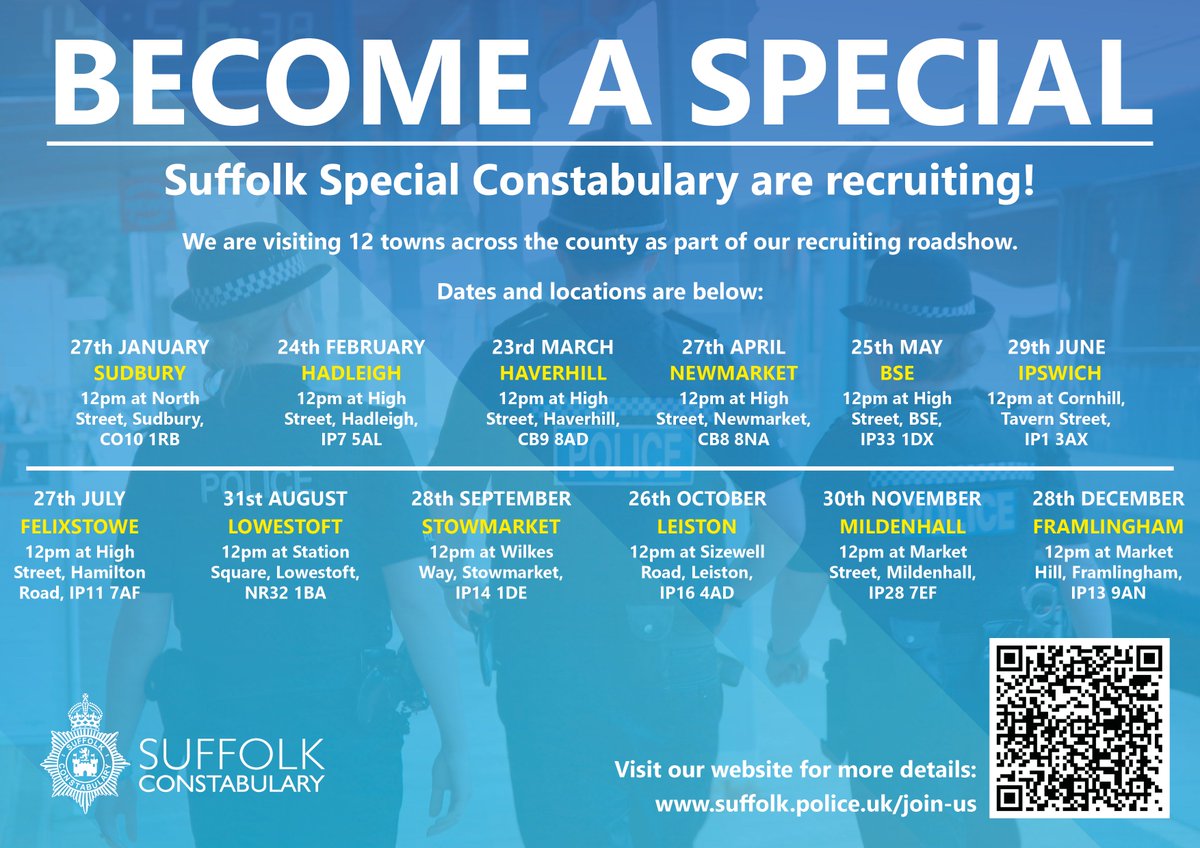 Have you ever considered becoming a Special Constable <a href="/SuffolkPolice/">Suffolk Police</a>. Why not attend our recruiting pop up in Leiston on Saturday 26th October at 1130hrs just outside the Co-op. #professionaldevelopment#personaldevelopment#proudtoservesuffolk#makeadifference#specialsandvolunteers