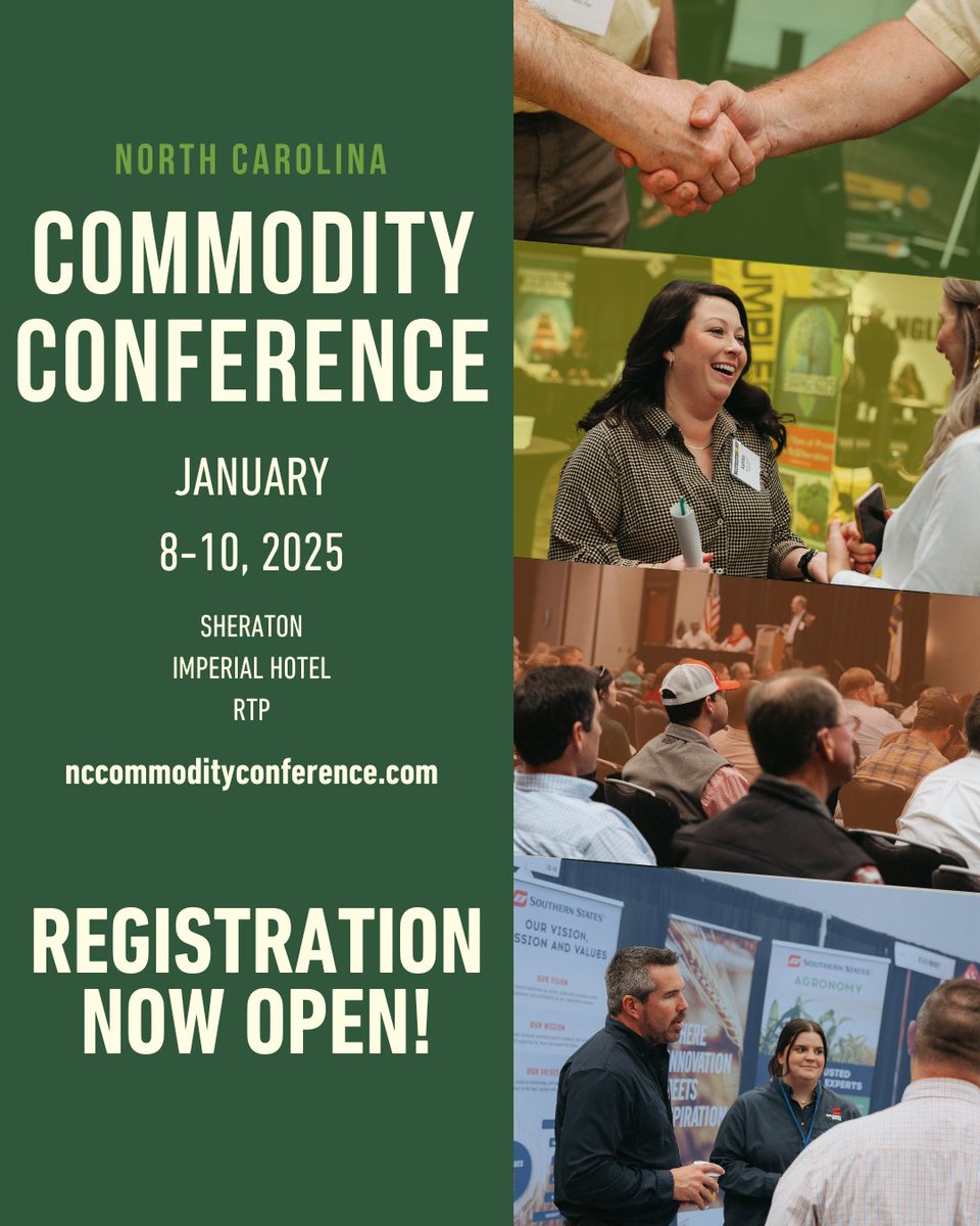 Registration for the 35th annual NC Commodity Conference is now open! Join us at the Sheraton Imperial Hotel in Durham on January 8-10 for this exclusive gathering of growers, industry experts, and agribusiness leaders. Reserve your free spot today! ncccommodityconcerence.com