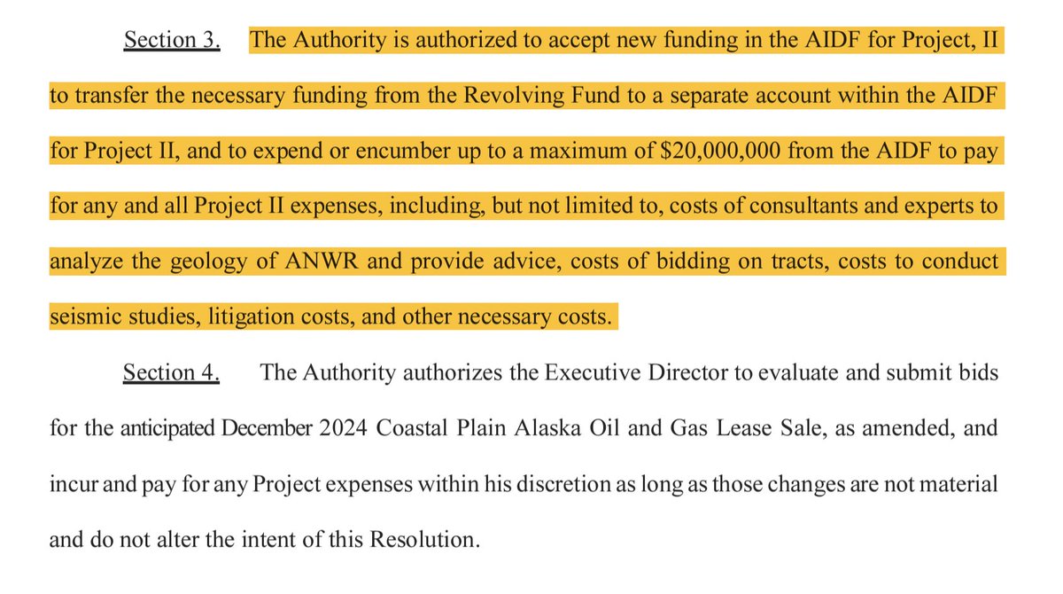 adamfederman's tweet image. Among other things, this resolution from AIDEA to bid on a second lease sale in the Arctic Nat'l Wildlife Refuge will allow the state to spend up to $20,000,000 on "any and all project expenses," including consultants, experts, litigation, and other necessary costs.