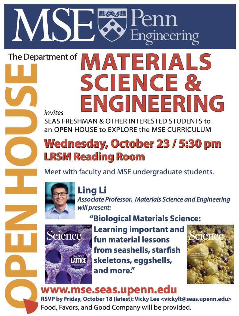 Materials Science and Engineering at Penn (@mseatpenn) on Twitter photo <a href="/MSEatPenn/">Materials Science and Engineering at Penn</a> invites interested students to our Department Open House - Wednesday, October 23, starting at 5:30 pm in the LRSM Reading Room.
We'll have faculty and MSE students on-hand to answer your questions about our program. Refreshments will be served. <a href="/MSEatPenn/">Materials Science and Engineering at Penn</a> invites interested students to our Department Open House - Wednesday, October 23, starting at 5:30 pm in the LRSM Reading Room.
We'll have faculty and MSE students on-hand to answer your questions about our program. Refreshments will be served.