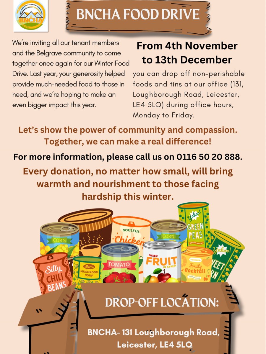 Belgrave Neighbourhood Co-op Housing Association (@belgravecoop) on Twitter photo Our Winter Food Drive is back! From 4th Nov to 13th Dec, please donate non-perishable items to support those in need. Drop off at BNCHA reception in the green bin. Every bit helps! #FoodDrive #CommunitySupport Our Winter Food Drive is back! From 4th Nov to 13th Dec, please donate non-perishable items to support those in need. Drop off at BNCHA reception in the green bin. Every bit helps! #FoodDrive #CommunitySupport