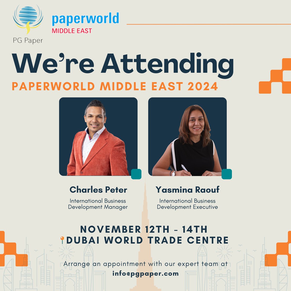 PGpaperLtd's tweet image. Charles Peter and Yasmina Raouf will be attending @paperworldMEA at Dubai World Trade Centre from the 12th – 14th November.

Contact ➡️ info@pgpaper.com to arrange an appointment with our business development team.

#PaperworldMiddleEast #PME2024 #UAE