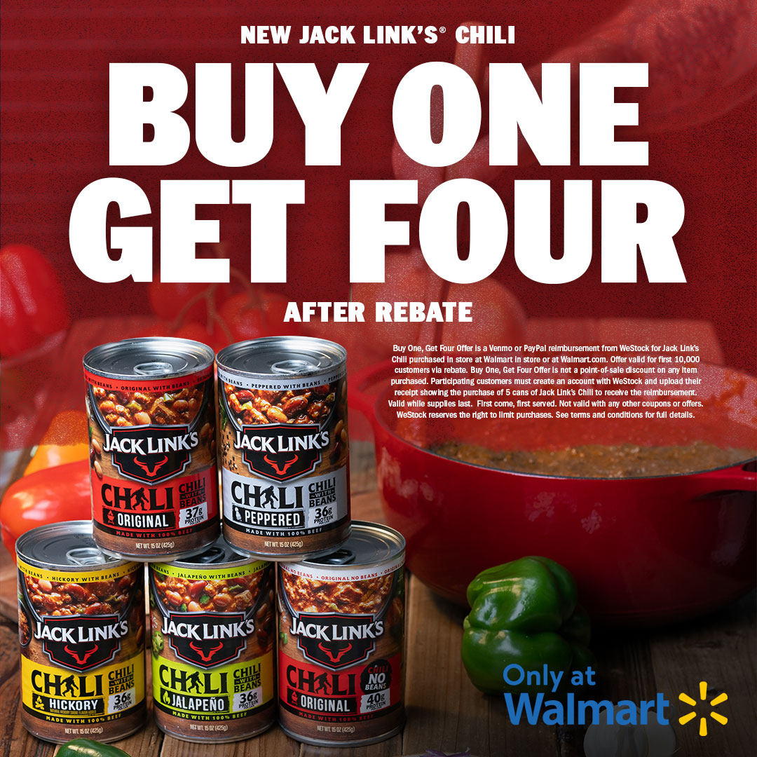 Yeah, you read that right. Buy one. Get four. Don't miss your chance to try our new Jack Link’s Chili with this unbeatable deal (Offer via rebate. Available exclusively at Walmart). Check out the link for more info: bit.ly/3AkMy4S