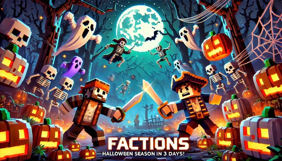 PlayMinecadia's tweet photo. EOTW on Factions Pirate takes place tomorrow at 5PM EST! We are just 3 days away from the Halloween Season! 🕷️ 🕸️

To celebrate, we're giving away the following:
🎃 1x Kraken Rank (30 days)
🎃 25x Hype Boxes
🎃 5,500x Gold

Follow us, retweet, and like to enter! 🧡 🖤