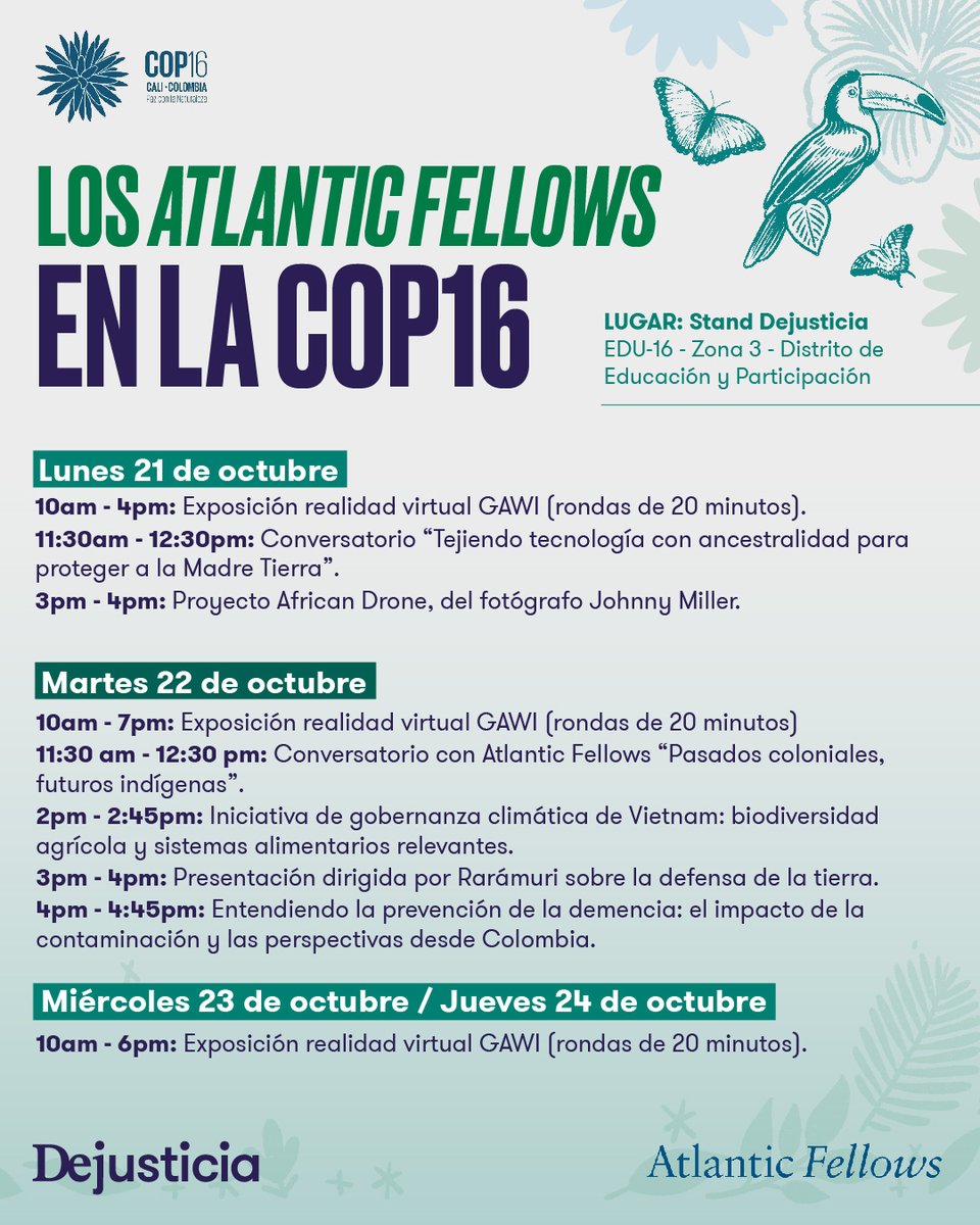 Dejusticia's tweet photo. Hoy en la #COP16Colombia continuamos con los diálogos de los @atlanticfellows y la exposición de realidad virtual sobre justicia climática y el pueblo indígena Ramurai de México. https://t.co/w73Vz2fTfE