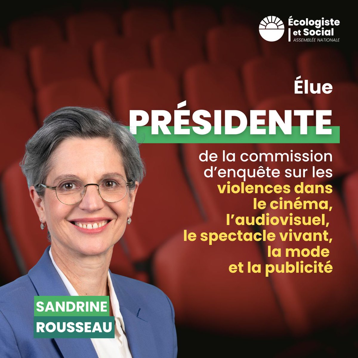 Sandrine Rousseau (@sandrousseau) on Twitter photo Elue Présidente de la Commission d'enquête sur les violences sexuelles dans la culture.
Les auditions commenceront le 5 novembre.
Pensées fortes à <a href="/FMPasquini/">Francesca Pasquini</a>, Judith Godrèche et toutes celles et ceux mobilisés sur le sujet.
#MeToo #NFP Elue Présidente de la Commission d'enquête sur les violences sexuelles dans la culture.
Les auditions commenceront le 5 novembre.
Pensées fortes à <a href="/FMPasquini/">Francesca Pasquini</a>, Judith Godrèche et toutes celles et ceux mobilisés sur le sujet.
#MeToo #NFP