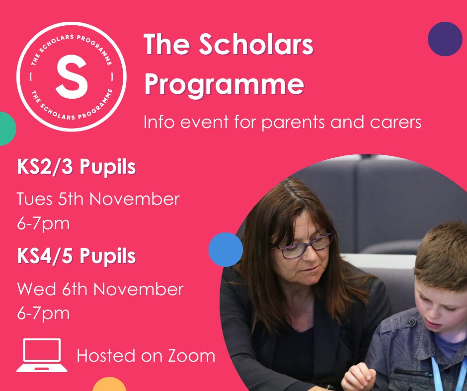 Has your child been chosen to take part in The Scholars Programme at school? Come and find out more about what they'll get up to on the programme at our online events!

For Key Stage 2/3 - 5th Nov 6-7pm
For Key Stage 4/5 - 6th Nov 6-7pm

Sign up here: forms.office.com/pages/response…