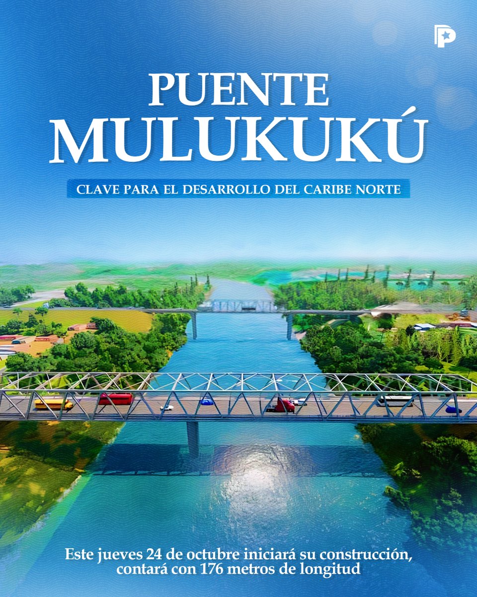 🚧🇳🇮 Este jueves 24 de octubre, nuestro Gobierno Sandinista, a través del MTI, inicia la construcción del Puente #Mulukukú en el #CaribeNorte. Con 176 metros de longitud, esta obra beneficiará a más de 54 mil protagonistas, mejorando la conexión con el Pacífico...