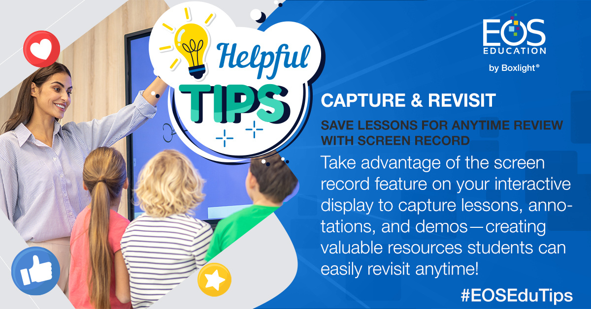 Use your interactive display’s screen record feature to extend lessons beyond the classroom and provide students with helpful review resources.

Want more tips? Check out our #teacherPD courses! hubs.la/Q02VjjZM0

#EOSEduTips #teachertips #EdTech <a href="/boxlightinc/">BOXLIGHT</a>