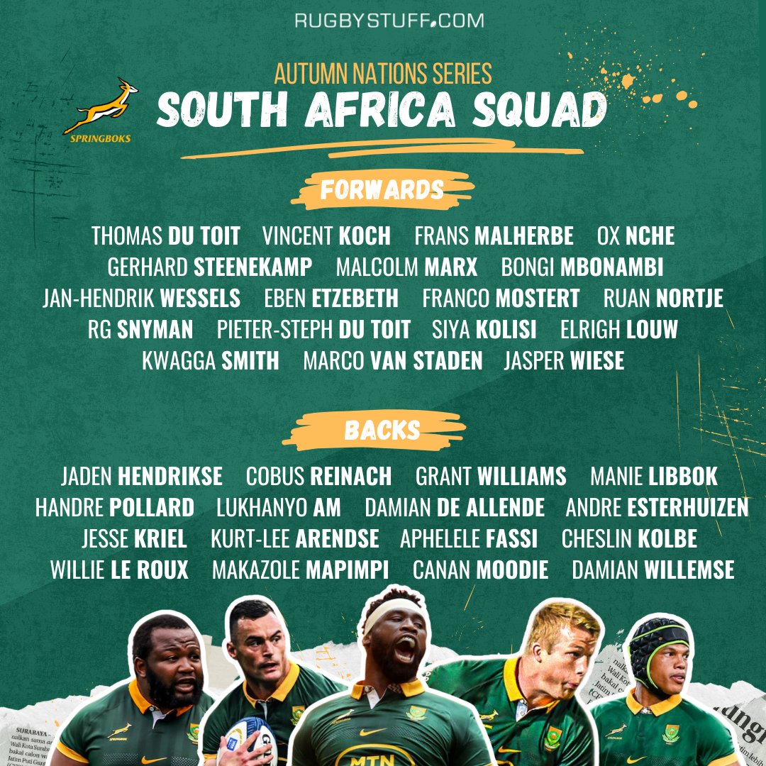 Springboks head coach Rassie Erasmus has named his 34-man squad for the Autumn Nations Series! 🇿🇦

#Springboks #AutumnNationsSeries