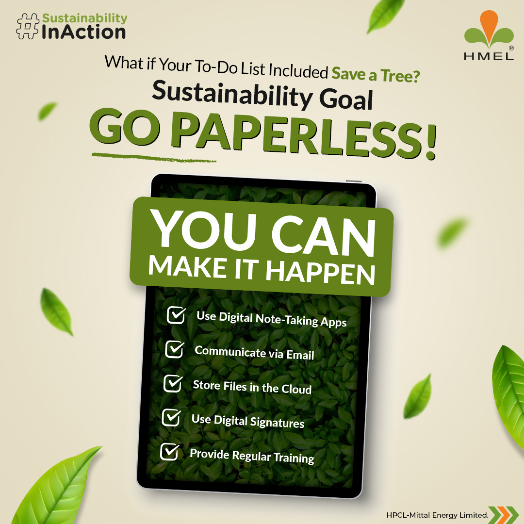 HMEL_India's tweet image. Transitioning to a paperless office helps build a greener future. Embrace digital solutions to reduce paper waste and make a real difference. Join the movement! Comment #GoPaperless to show your support. 

#SustainabilityInAction #GreenInitiative  #EnergisingABrighterTomorrow…
