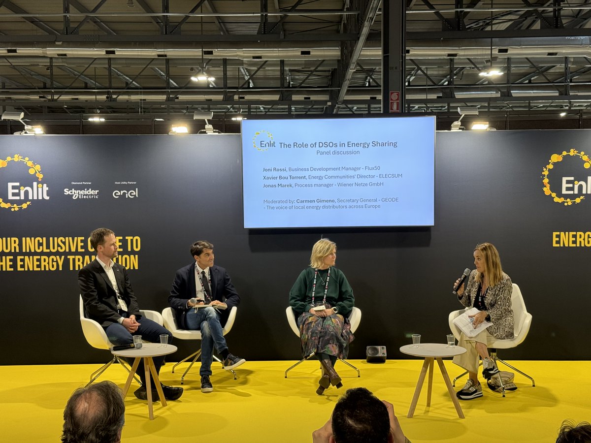 GEODE (@geode_eu) on Twitter photo Exciting first day at <a href="/Enlit_Europe/">Enlit Europe</a> in Milan!
Today our experts, Jonas Marek from Wiener Netze & Xavier Bou Torrent from @Elecsum_fv, joined by Joni Rossi from <a href="/flux_50/">Flux50</a> spoke at the session “The Role of DSOs in Energy Sharing”, moderated by our Secretary General <a href="/CarmenCgimeno/">Carmen Gimeno</a> Exciting first day at <a href="/Enlit_Europe/">Enlit Europe</a> in Milan!
Today our experts, Jonas Marek from Wiener Netze & Xavier Bou Torrent from @Elecsum_fv, joined by Joni Rossi from <a href="/flux_50/">Flux50</a> spoke at the session “The Role of DSOs in Energy Sharing”, moderated by our Secretary General <a href="/CarmenCgimeno/">Carmen Gimeno</a>