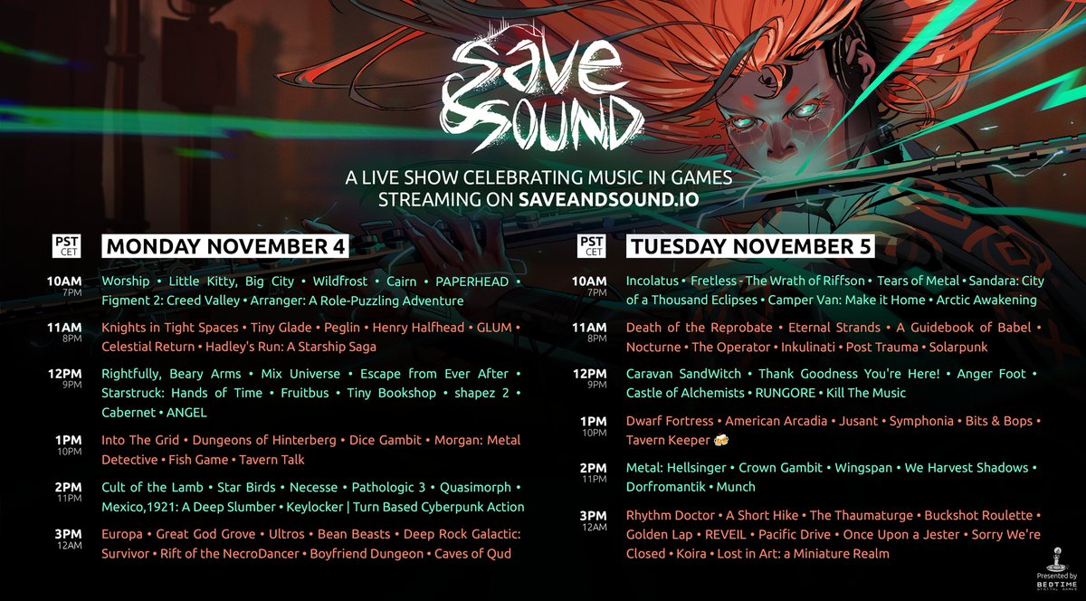 It's official! #RightfullyBearyArms and its soundtrack will be part of Save &amp; Sound, an online music fest and Steam event hosted by <a href="/BedtimeDG/">Bedtime Digital Games</a>, this year! You can see <a href="/GarrettARose/">Garrett Rose 🪕</a> in his element at 3PM ET on Monday, November 4.

#SaveandSound #indiegames #soundtrack