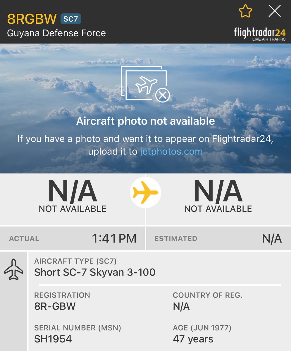 ClarkKe49569692's tweet photo. On October 22, 2024 #Guyana Defence Force - Air Corps Short SC-7 #Skyvan 3-100 returned to Georgetown after a 2 hour and 35 minute flight.
This aircraft is a multipurpose platform that conducts ISR, EXFIL, and INFIL.
Registration - 8R-GBW
Serial - SH1954
ICAO / Mode S - #0607B https://t.co/auBWF9lRtf