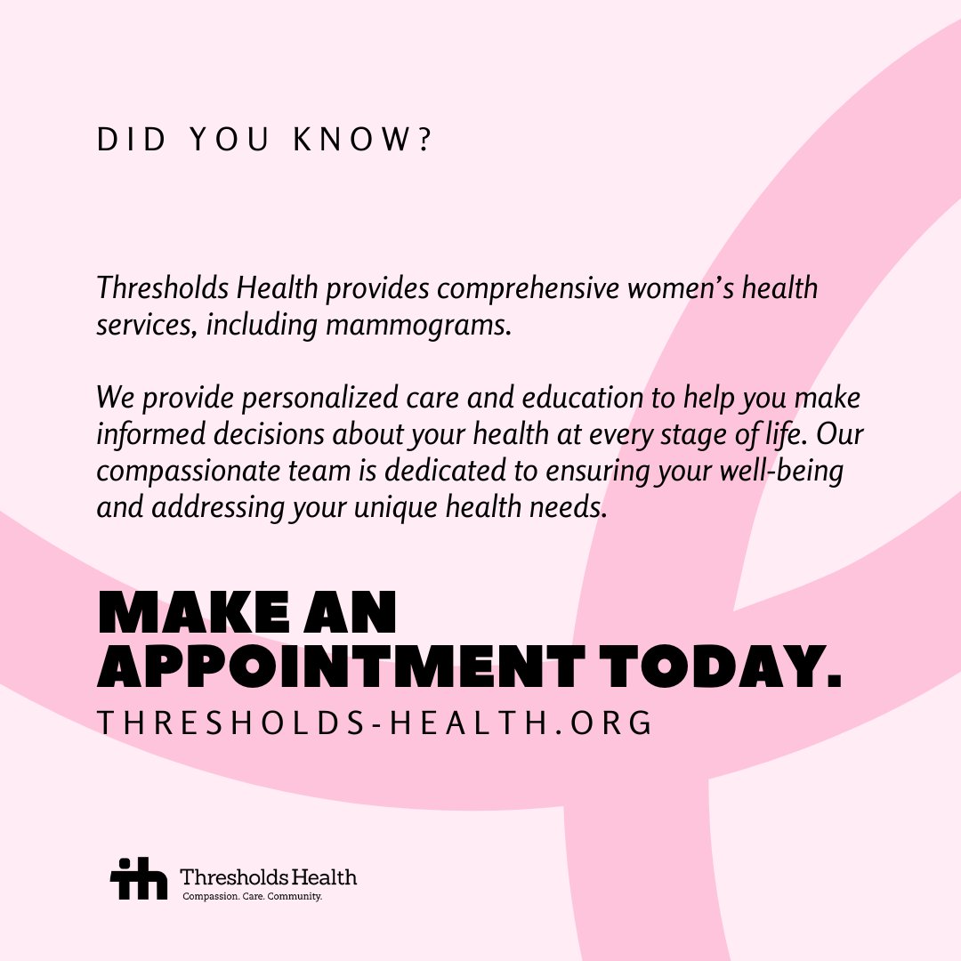 Thresholds_Hlth's tweet photo. October is #BreastCancerAwarenessMonth. Thresholds Health provides comprehensive women's health care, including #mammograms and cancer screenings. Find out more about our #womenshealth services on our website, https://t.co/7YvwhS46nu. https://t.co/dtj7IbSCqs