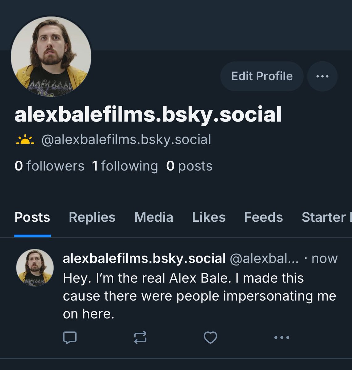 AlexBaleReal's tweet photo. Not really planning on using it right now, but I made a bluesky because people were impersonating me there https://t.co/QF7d84PSOH