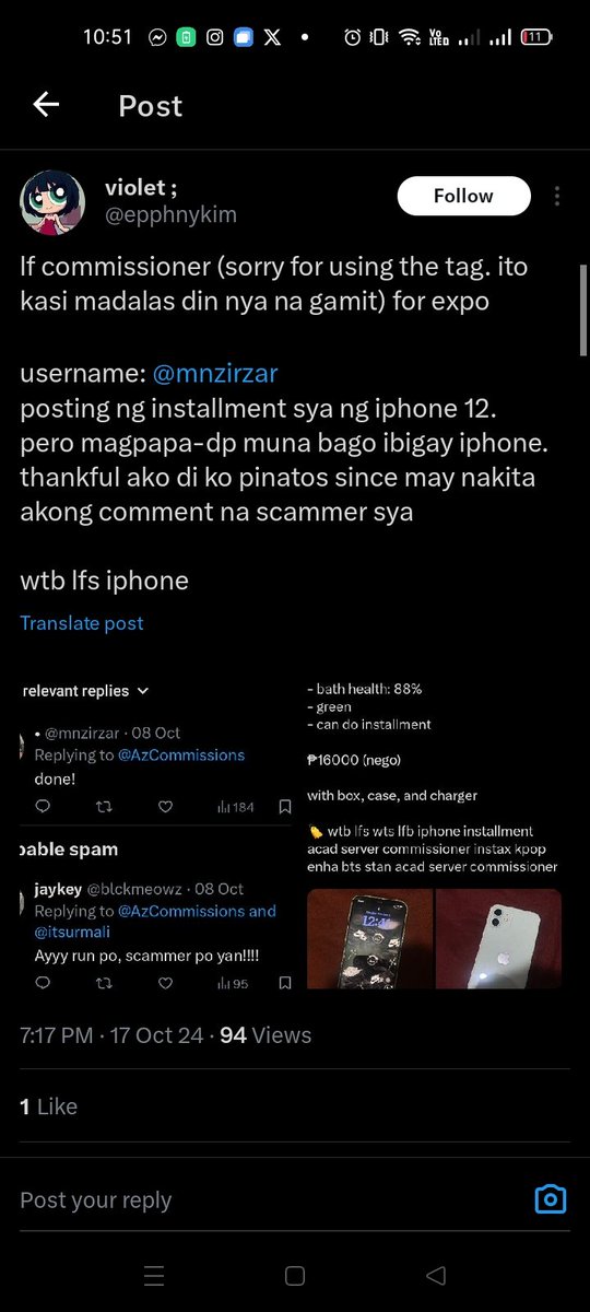 ariviele's tweet photo. ❗❗AWARENESS POST❗❗
Please don't transact with @rhazzekart! 

Nagpopost siya ng iphone 12 for sale tas pwede daw installment pero need magsend muna ng downpayment before iship. 

I'm lucky to trust my instinct not to push thru my transaction with her since sketchy siya. https://t.co/D0MuhFJtOn