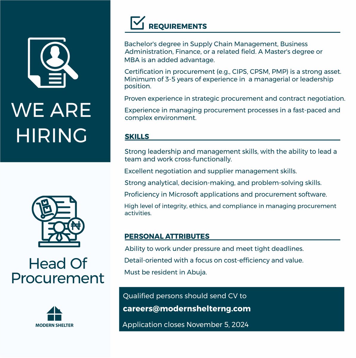 modernshelter_'s tweet image. Join our team as Head of Procurement! 

See flier for more details. 

#modernsheltercareers #modernshelterng #abujajobs #abujarecruitment #abujarealestate