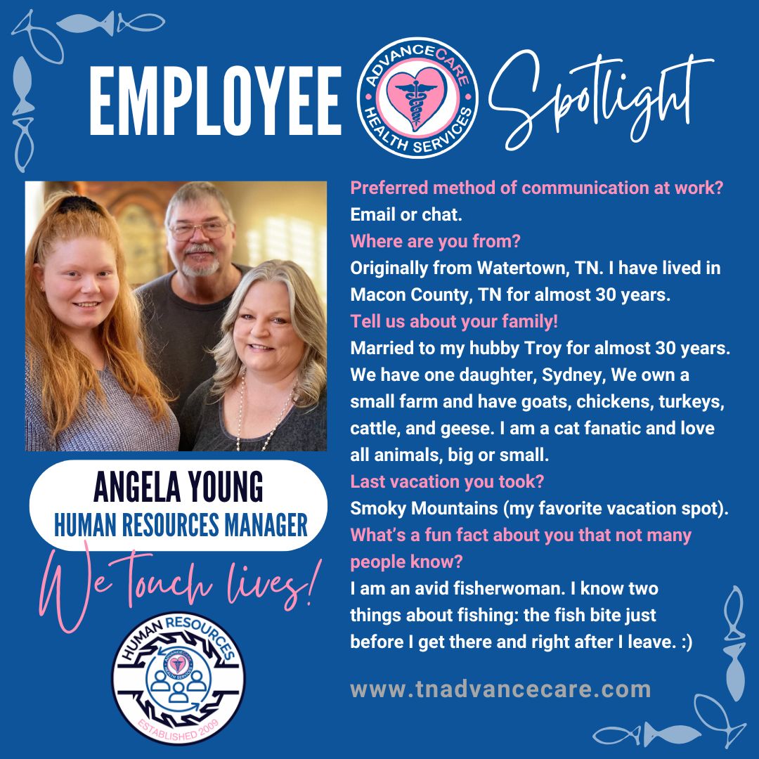 Advance_Health1's tweet photo. We’re excited to welcome Angela as our new HR Manager at AdvanceCare! She’s passionate about helping us grow and touch more lives every day. While she enjoys fishing as a hobby, she’ll be reeling in top-quality candidates to join our team! 🐟🎣#employeespotlight https://t.co/x4OglRTQyB