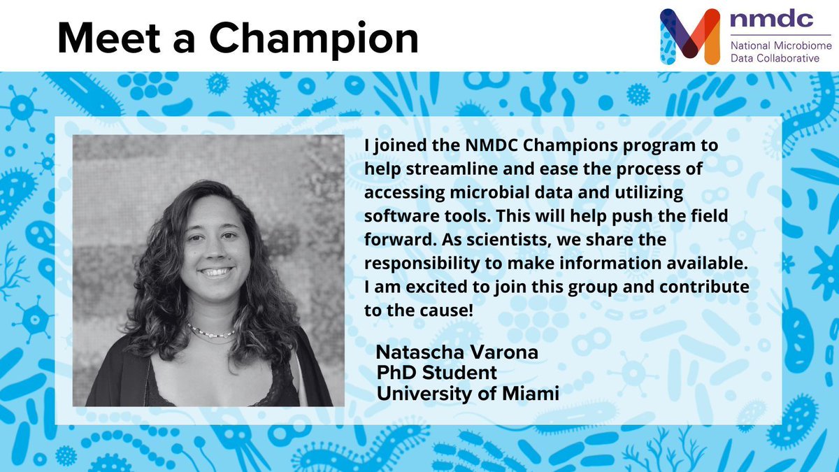 MicrobiomeData's tweet photo. NMDC Champion Natascha Varona (@fantaschy) believes in the importance of quality, accessible tools for microbiome data analysis and joined the NMDC to support our mission of providing these tools to researchers. Visit our website to learn more and apply: https://t.co/PghVuIkAqP https://t.co/E2wRoqpRFd