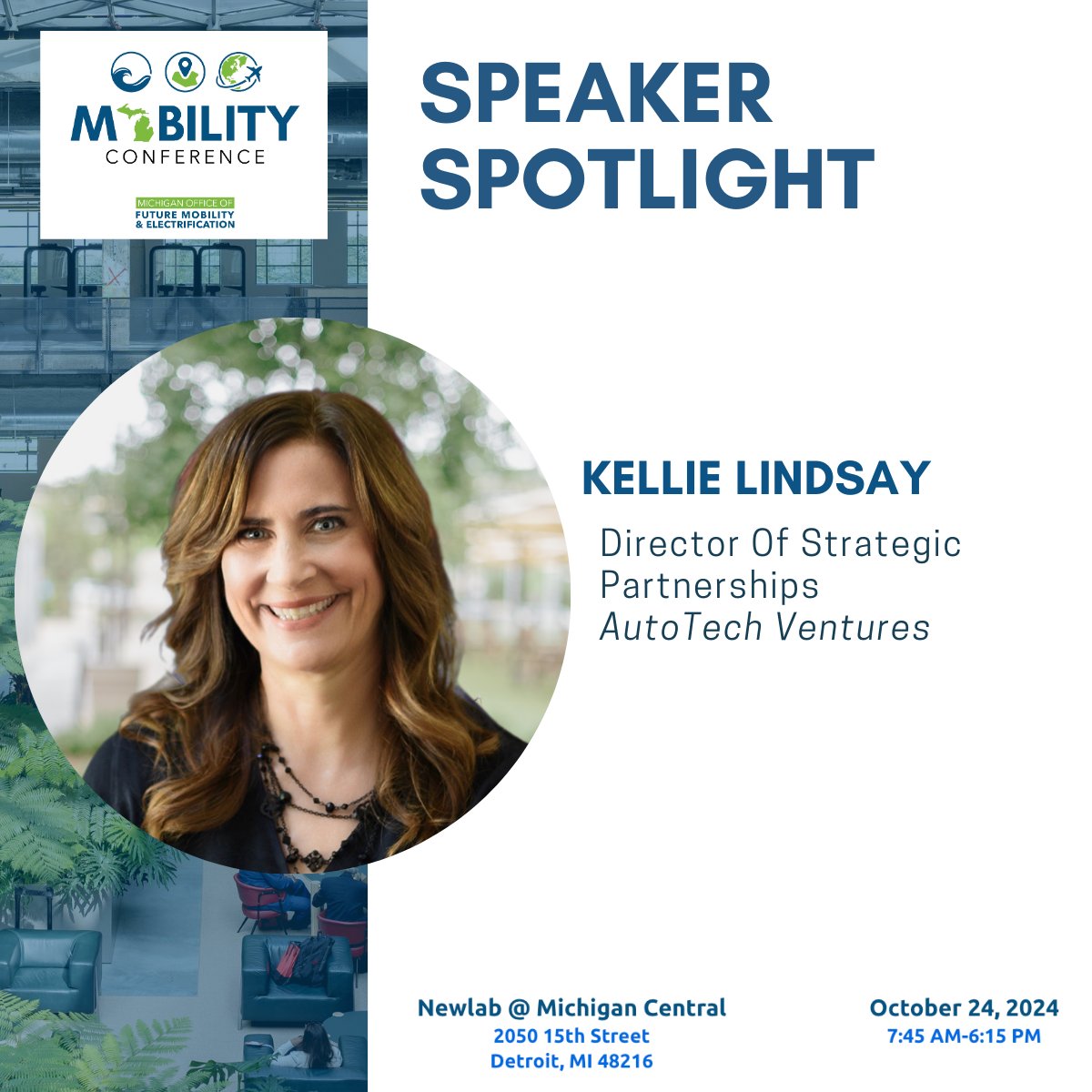 Autotech Ventures (@autotechvc) on Twitter photo The State of Michigan  Office of Future Mobility and Electrification’s (@mobilitymi) Mobility Conference at <a href="/Newlab/">Newlab</a>  - Michigan Central is set for Oct. 24. 
Kellie Lindsay is speaking about the role and importance of venture in mobility. Reach out to connect live! The State of Michigan  Office of Future Mobility and Electrification’s (@mobilitymi) Mobility Conference at <a href="/Newlab/">Newlab</a>  - Michigan Central is set for Oct. 24. 
Kellie Lindsay is speaking about the role and importance of venture in mobility. Reach out to connect live!