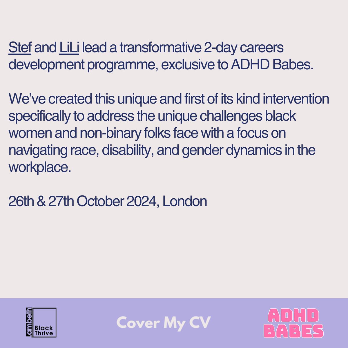 adhdbabes's tweet photo. Excited to announce the FIRST-EVER *Thriving with ADHD: Careers Edition*—a 2-day programme supporting Black women and non-binary folks navigating ADHD, race, and gender dynamics at work. Led by @flotuk & @cherrytree_walk, in partnership with @BlackThrive! #ThriveWithADHD https://t.co/zwuZZnRMoI