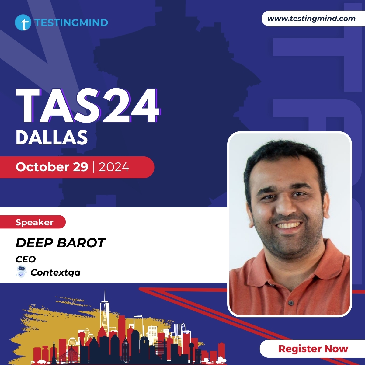 testingmindcon's tweet image. 🌟 We are excited to announce that Deep Barot from ContextQA will speak at the Test Automation Summit in Dallas on October 29, 2024! 🎤

🔗 Register Now: testingmind.com/event/tas2024/…

#QualityAnalysis #ProductAnalytics #TestAutomation #DataDrivenQA #DallasSummit #TAS2024
