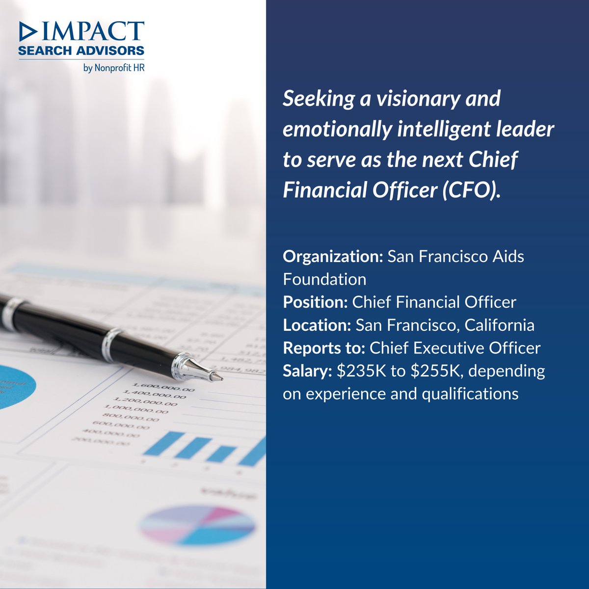 Join the movement for health justice! San Francisco AIDS Foundation is seeking their next Chief Financial Officer (CFO). Read full application details for this pivotal role and apply today: nonprofithr.com/executive-sear…

#Nonprofitjobs #ExecutiveSearch #ImpactSearchAdvisors #NowHiring