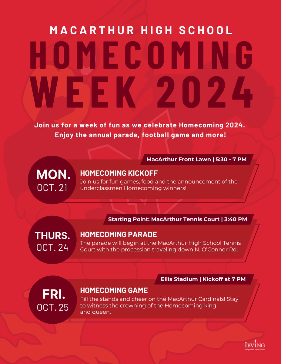 Irving ISD (@irvingisd) on Twitter photo 📣Reminder! ❤️ Join us for <a href="/MacArthurCards/">MacArthur HS</a>'s Homecoming Week festivities! 🎉 Screenshot, save and share the schedule below! 👇 To purchase tickets to the football game 🏈🎟️, visit IrvingISD.net/AthleticsTicke…. 📣Reminder! ❤️ Join us for <a href="/MacArthurCards/">MacArthur HS</a>'s Homecoming Week festivities! 🎉 Screenshot, save and share the schedule below! 👇 To purchase tickets to the football game 🏈🎟️, visit IrvingISD.net/AthleticsTicke….