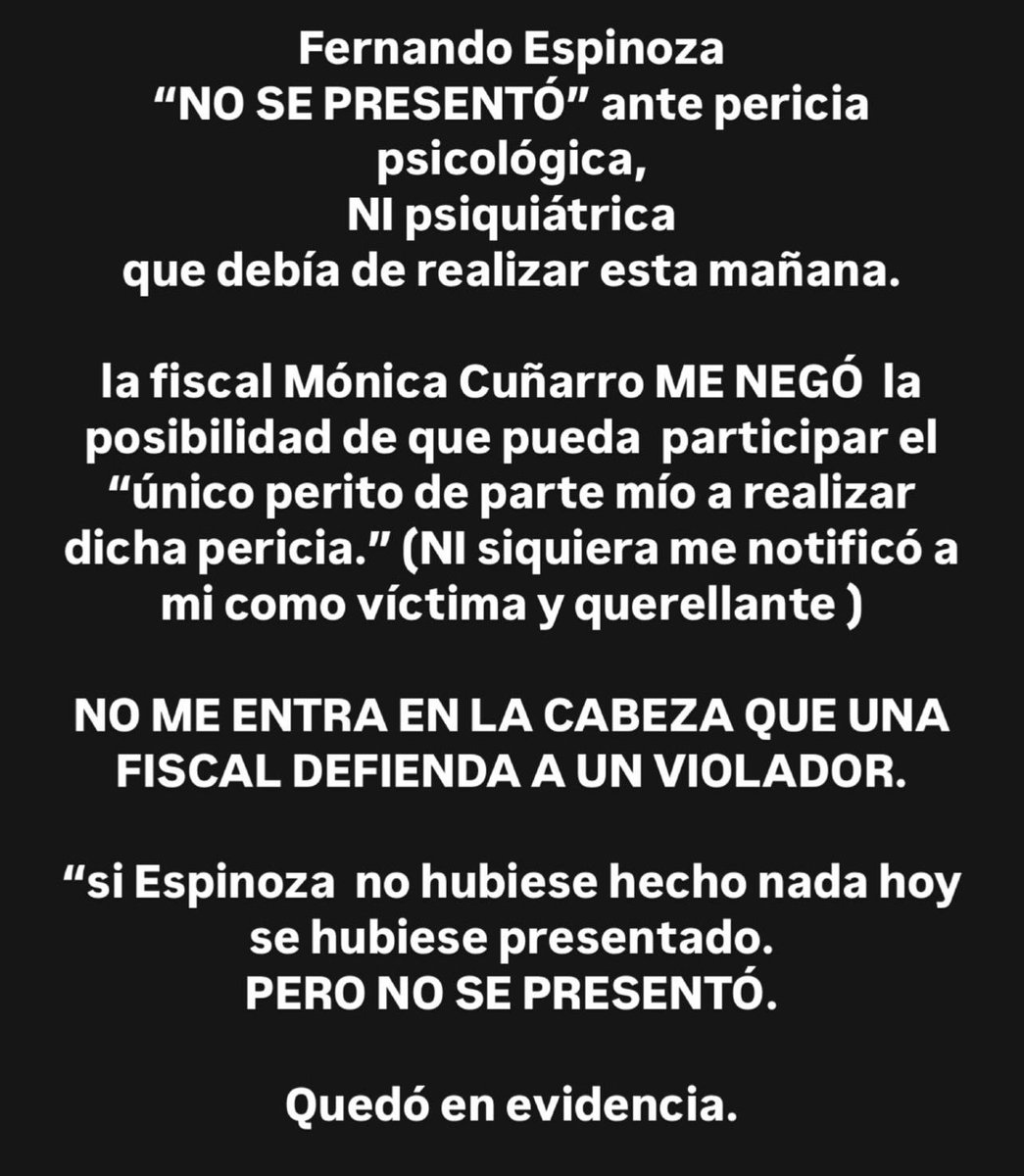 LuisGasulla's tweet photo. Fernando Espinoza no apareció.
No se presentó en las pericias psicológicas.
Así lo denuncia Rakauskas en sus redes y agrega un dato sugestivo sobre la fiscal Cuñarro. https://t.co/tWizJii14l