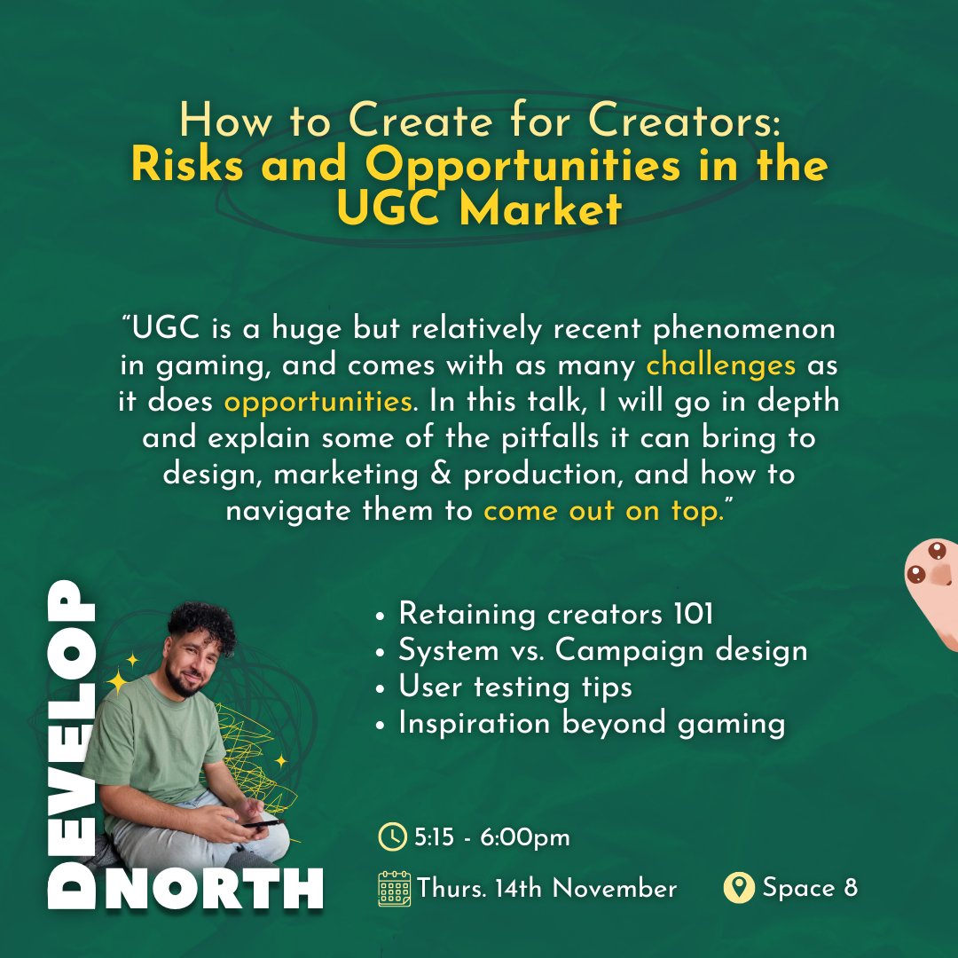 glowmade's tweet image. More than just repping Glowmade at #DevelopNorth, our Amir will actually be giving a talk!!

If you're curious about bringing the boon of UGC to your game, or just want to learn why empowering creative play matters, you're seriously not gonna wanna miss it 💚 🎮 🛠️