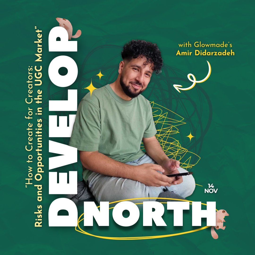 glowmade's tweet image. More than just repping Glowmade at #DevelopNorth, our Amir will actually be giving a talk!!

If you're curious about bringing the boon of UGC to your game, or just want to learn why empowering creative play matters, you're seriously not gonna wanna miss it 💚 🎮 🛠️