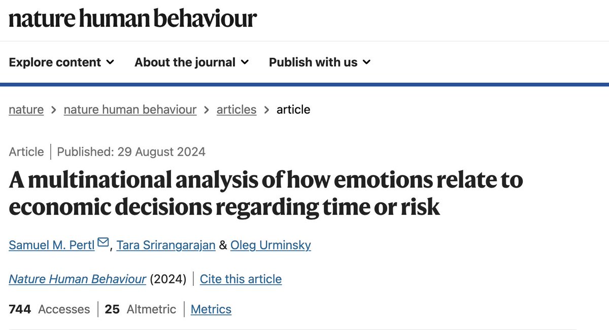 A recent article in <a href="/Nature/">nature</a> by Team Scientist <a href="/OlegUrminsky/">Oleg Urminsky</a> &amp; co-authors analyzed a dataset spanning 74 countries and found that emotions are more significant predictors of economic decision-making in developed, individualistic nations: go.nature.com/4eGYhtN