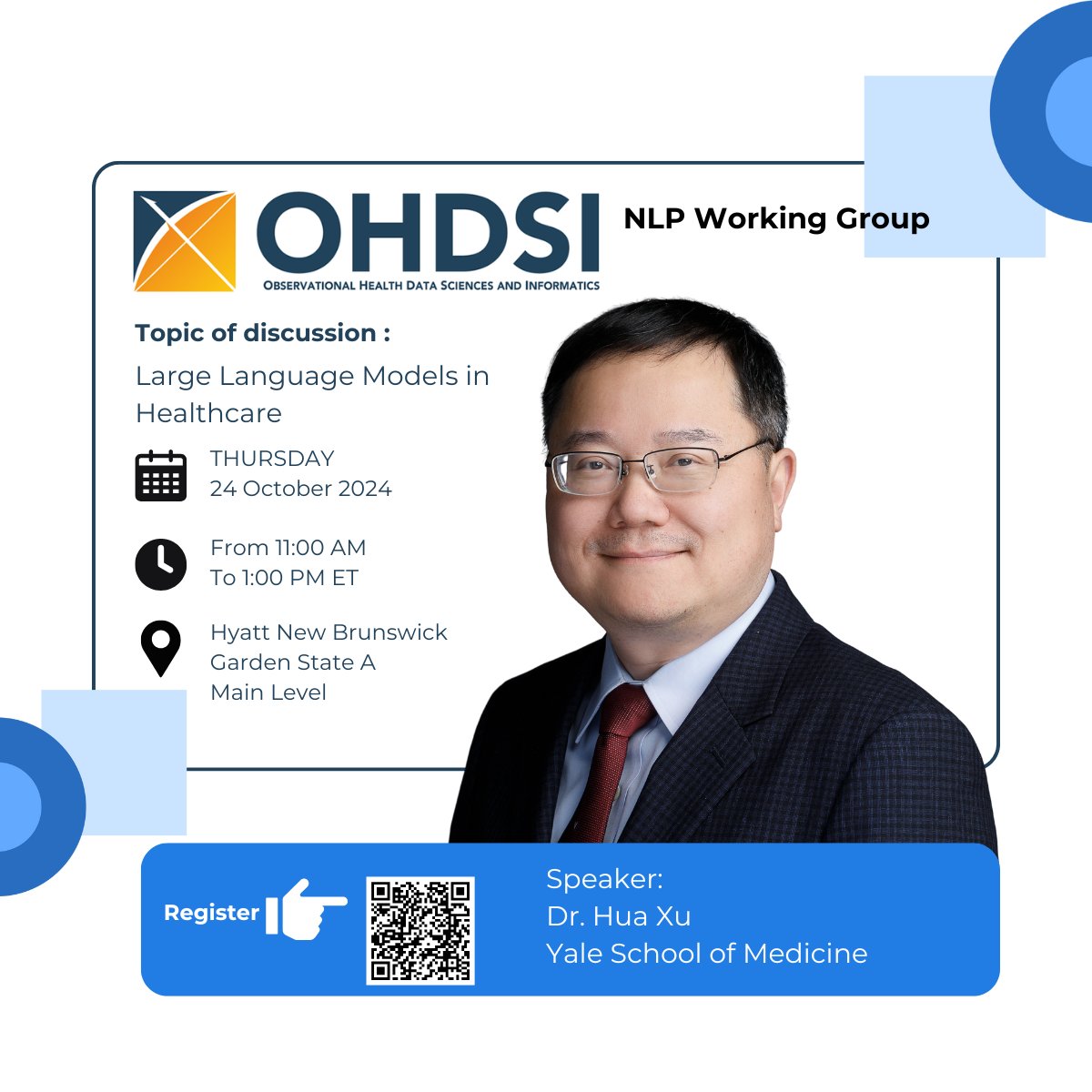 Get ready for an engaging session led by Dr. <a href="/HuaXu_SBMI/">Hua Xu</a>, on the latest advancements in using LLMs in healthcare! Learn more about NLP Working <a href="/OHDSI/">OHDSI</a>  - ohdsi.org/ohdsi2024-work…