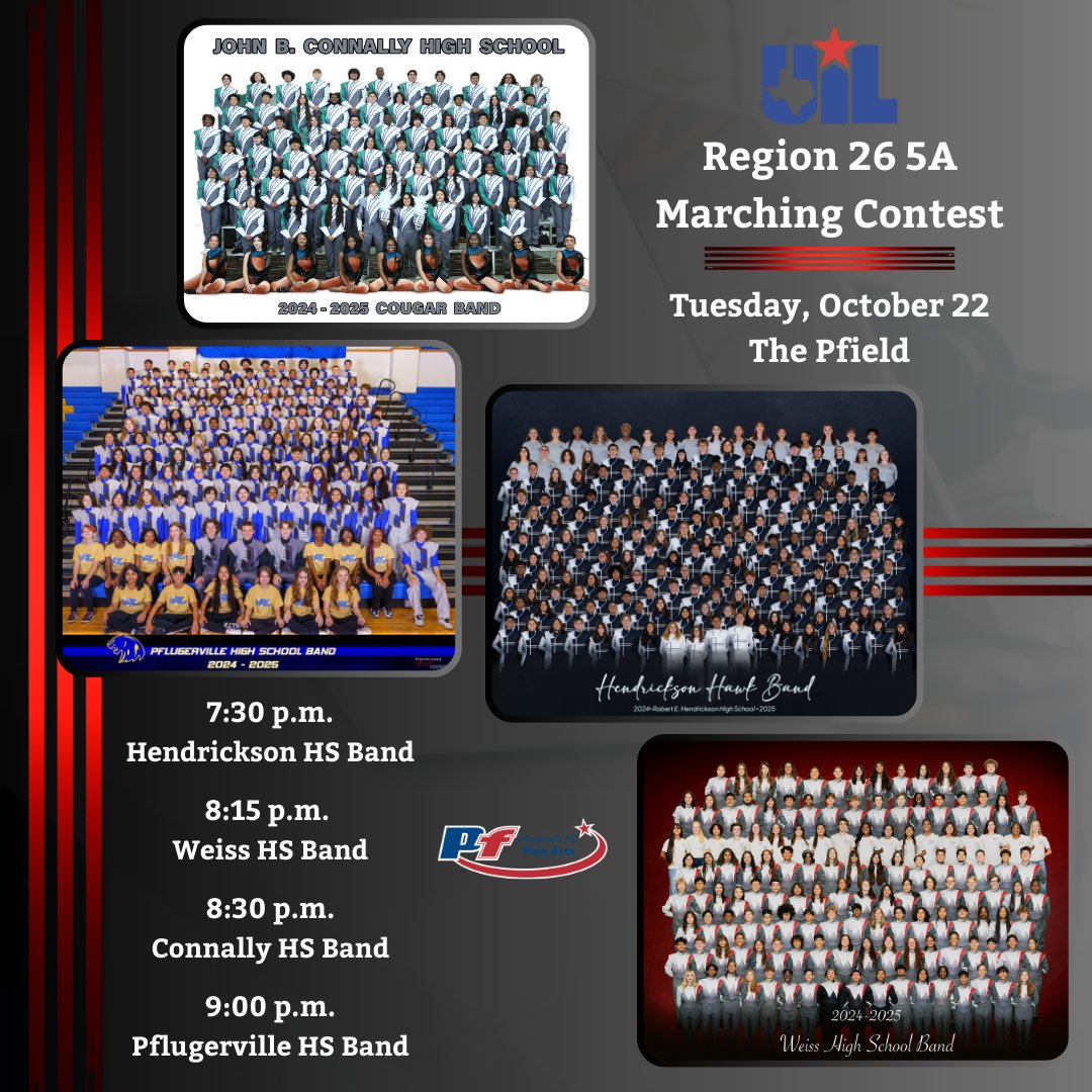 Please join us at the Pfield tonight to support our high school band programs at the UIL 5A Region 26 Marching Contest!