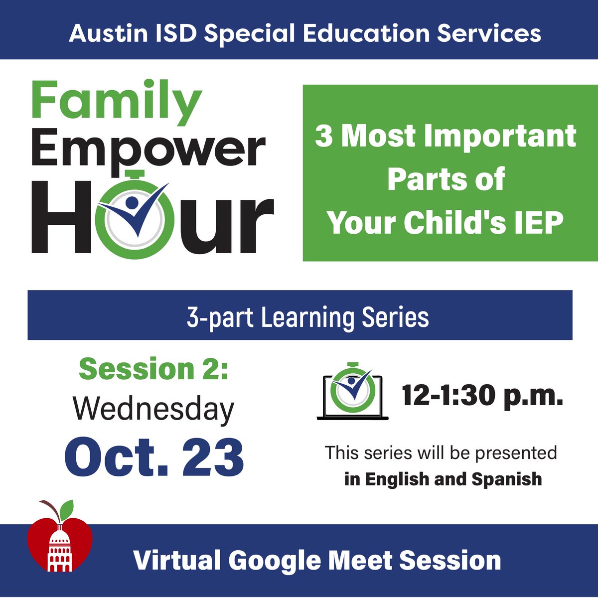 See this Instagram post by @aisdspecialeducation instagram.com/p/DBbkCw-p2u1/… 
🗓️ Session 2:
3 Most Important Parts of Your Child's IEP
📍 Where: Virtual Google Meet Session
🌍 Presented in English and Spanish
Register now: forms.gle/h1GUkC1S591wmt…