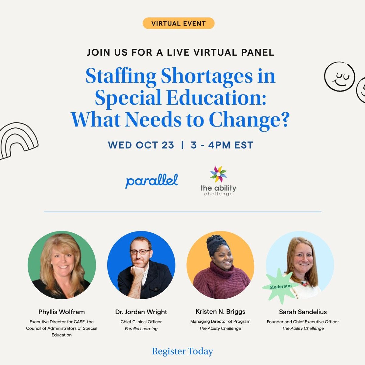 Join us tomorrow at 3PM EST for "Staffing Shortages in Special Education: What Needs to Change?" Expert panel featuring @TheAbilityChall, <a href="/casecec/">CASE</a> &amp; @ParallelLearning.

Gain insights, learn strategies, join the Q&amp;A! Register: bit.ly/40aUrVm

#SpecialEd #StaffingSolutions