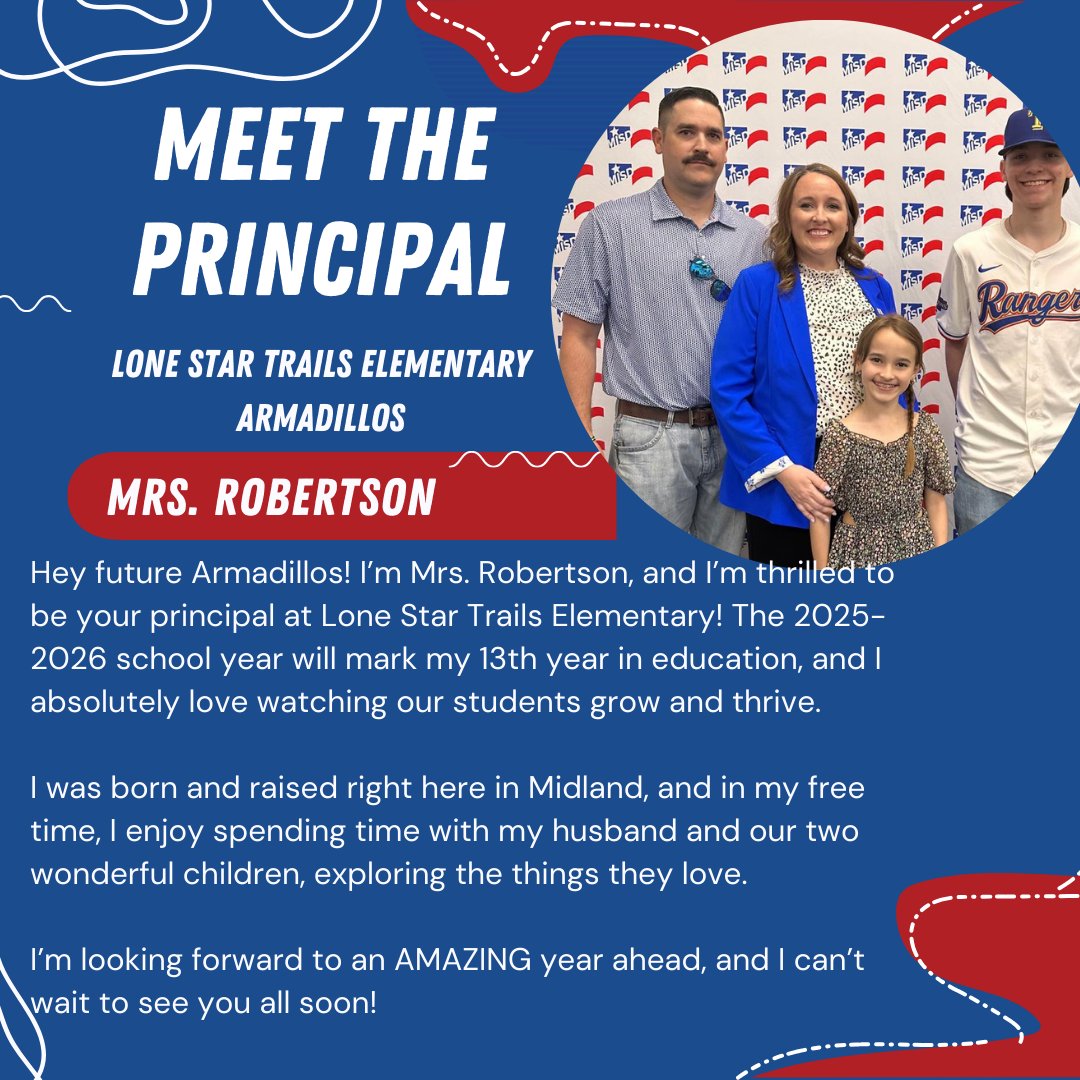 LoneStarTrElem's tweet photo. 🌟 We’re excited to announce that Lone Star Trails Elementary will begin introducing our incredible new staff over the next few months! 🎉 To kick it off, we’re honoring National Principal's Month with Mrs. Robertson!📣 Stay tuned for our newest Armadillo staff🙌  #madeinmisd https://t.co/GYOkhGyCjb