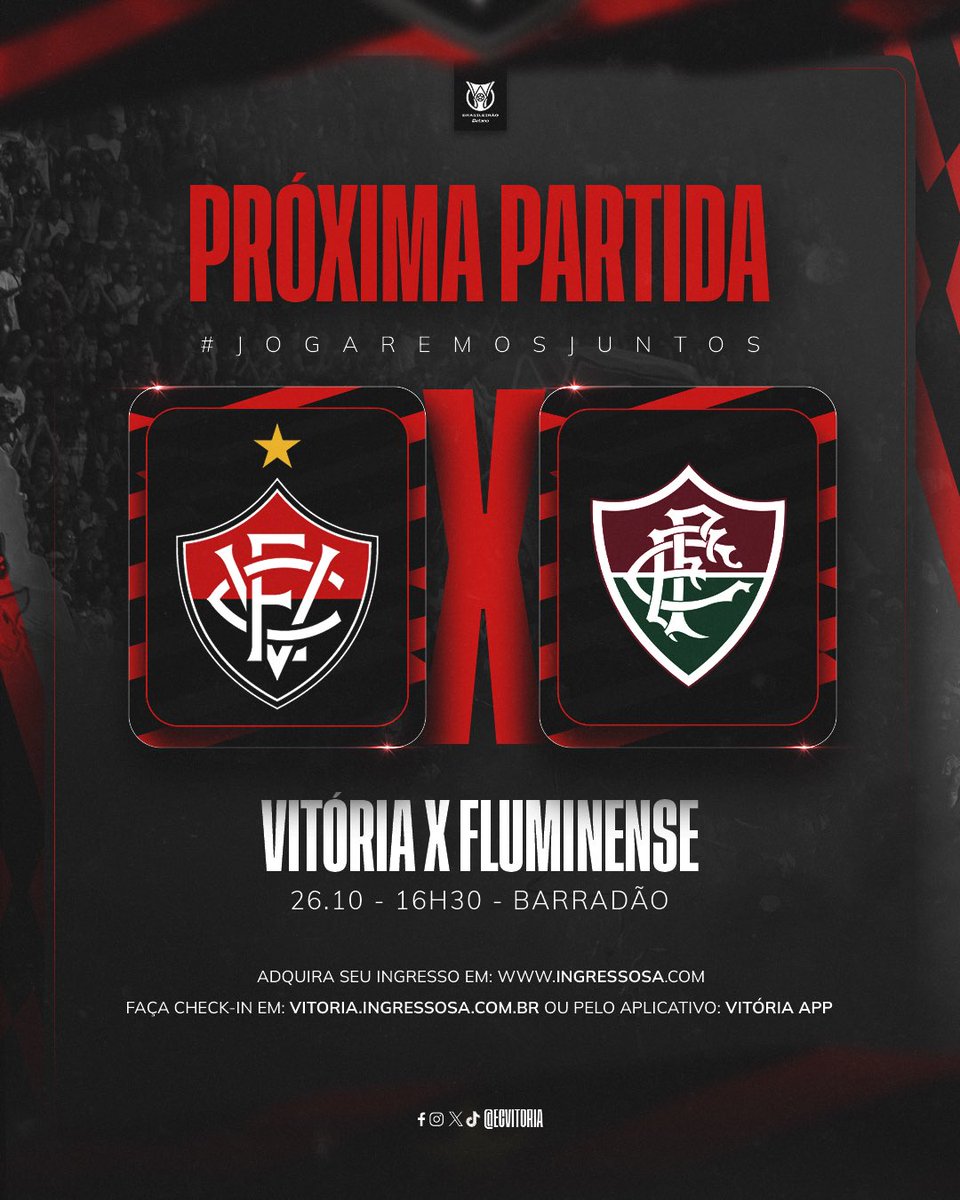 ECVitoria's tweet photo. PRÓXIMO COMPROMISSO DO LEÃO! 🔴⚫️🦁

No sábado (26), teremos mais um desafio! Pela 31ª rodada do Brasileirão, enfrentaremos o Fluminense às 16h30, no Barradão.

#PegaLeão #PorNossaHistória #Brasileirão2024 https://t.co/DCGh9wK5Hv