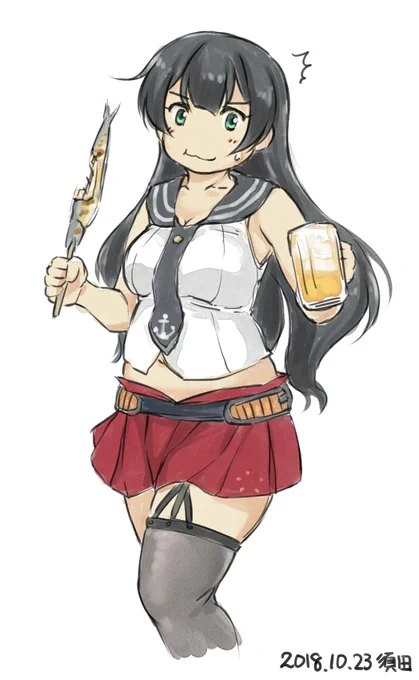 今夜のワンドロに阿賀野があるようで、阿賀野の絵がたくさん流れて来ますね～。前に描いたやつですが自分もこれを。多分秋刀魚イベントと重なった時期でしょう。…6年前の絵か……小学校1年の子が6年、いや中学…?…恐ろしい月日の流れ… 