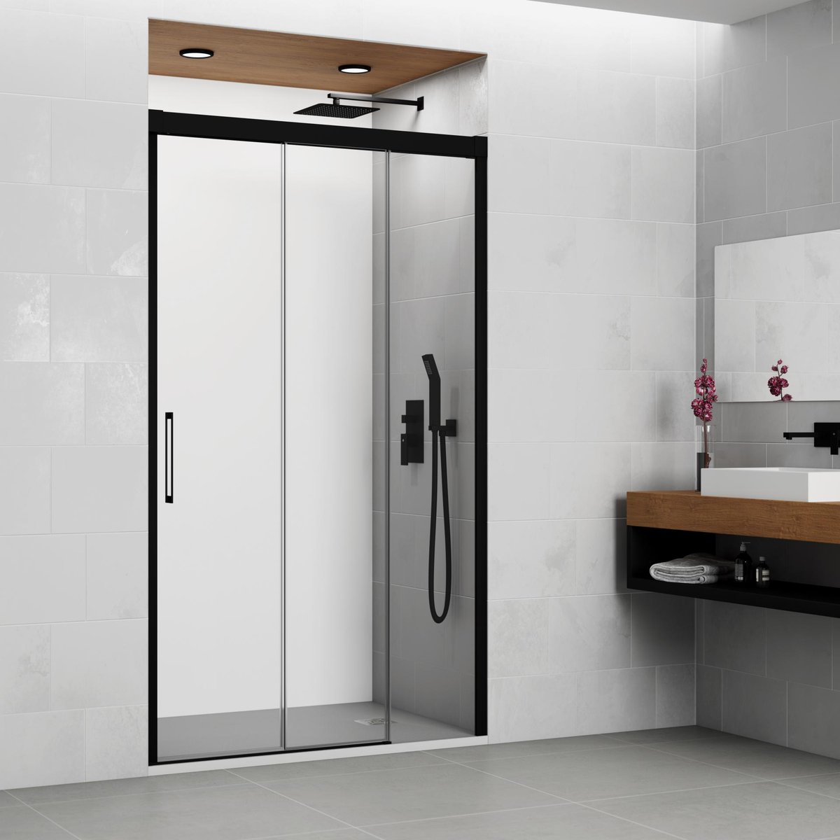 MAXIMA APERTURA mampara de ducha modelo trio de GME ahora disponible en negro mate, compuesta por 3 hojas: 1 fija + 2 hojas correderas que quedan recogidas tras el fijo mamparas-ofertas.com/p11377830-trio…