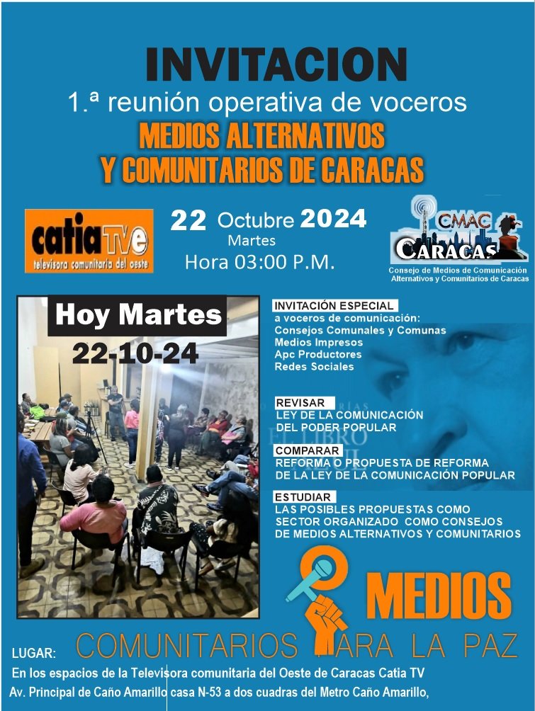 hoy martes #22Oct Hora 03:00 p.m.  Desde el Consejo de Medios de #Caracas, Colectivo Relator de la Ley Original y proponente del proyecto de la reforma de la ley de la #Comunicación #popular, ante la A. N.
*invitamos a estudiar, revisar, proponer y  debatir los contenidos