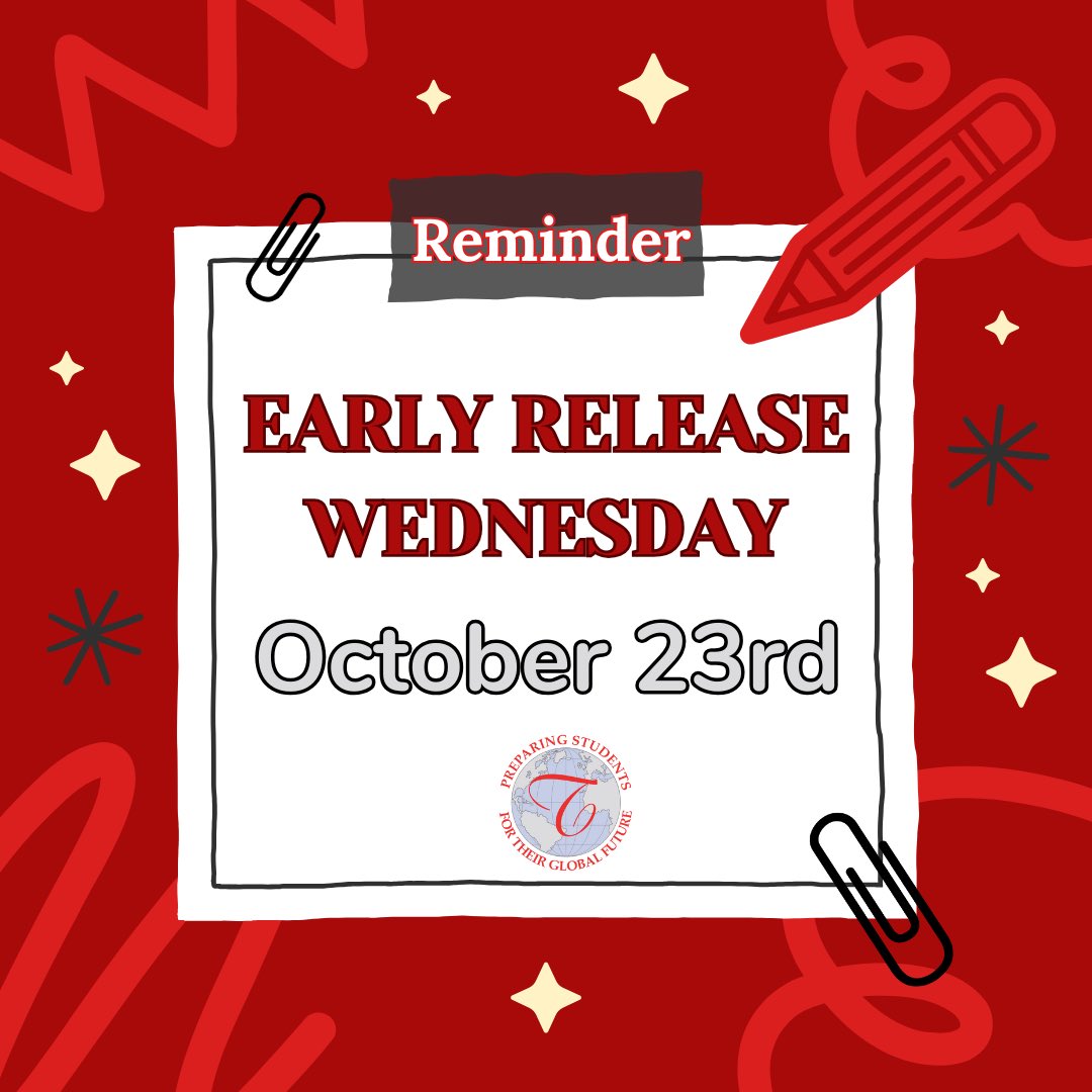 This is a reminder that tomorrow Wednesday, October 23rd is an early release day for all TPS students. 

TMS and THS: Will be released at 10:55 A.M. 
TES: PRE-K will be released at 11:00 A.M. and K-5 at 11:50 A.M.