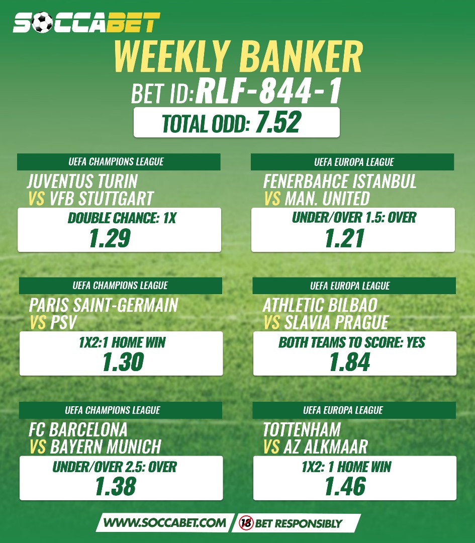 Weekly Banker is set.
#BetwithSoccabet 
#SoccabetGameOn