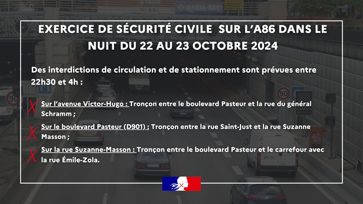 Prefet93's tweet photo. #Exercice

Cette nuit, la préfecture de la #SeineSaintDenis organise un exercice de #SecuriteCivile sur l'A86 dans le tunnel de La Courneuve (à proximité de la gare du RER B)

Des interdictions de circulation et de stationnement sont prévues entre 22h30 et 4h : 
❌Sur l’avenue Victor-Hugo
❌Sur le boulevard Pasteur (D901) 
❌ Sur la rue Suzanne-Masson (circulation uniquement)

Évitez le secteur, des déviations de bus sont prévues.
